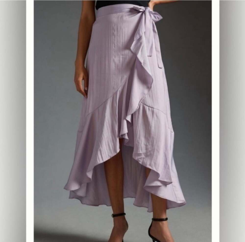 Maeve by Anthropologie Purple Satin Ruffle Wrap High Low Midi Skirt Size Small